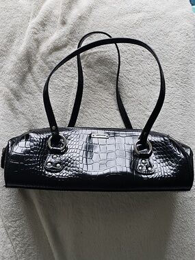 Ralph Lauren Black Croc-Embossed Small Shoulder Bag